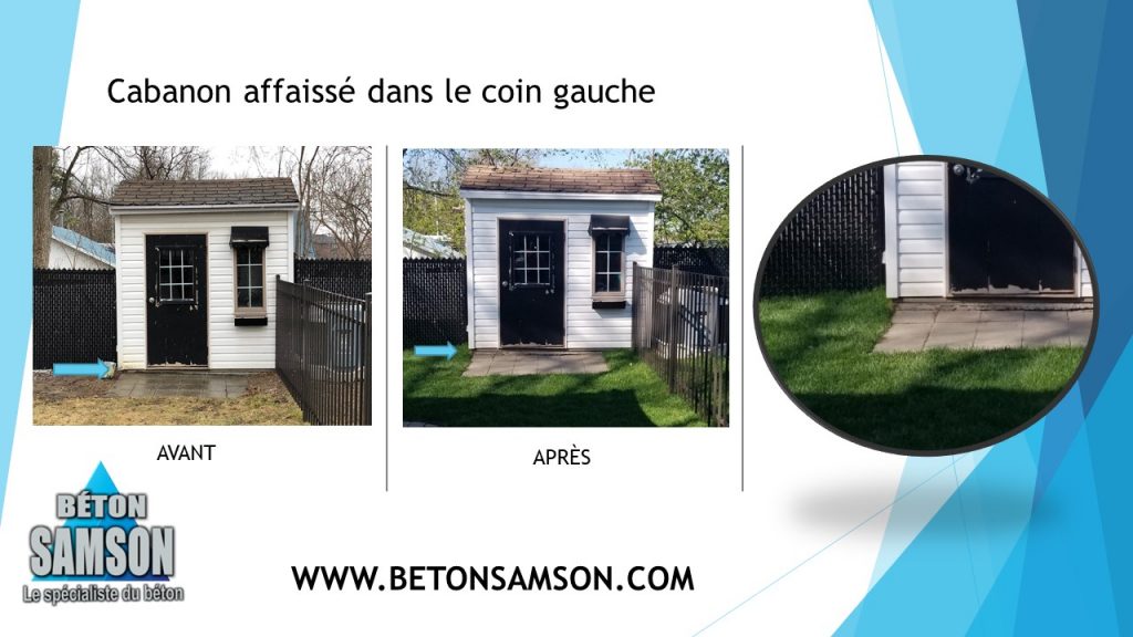 Stabilisation et redressage de dalle de béton de cabanon ou garage